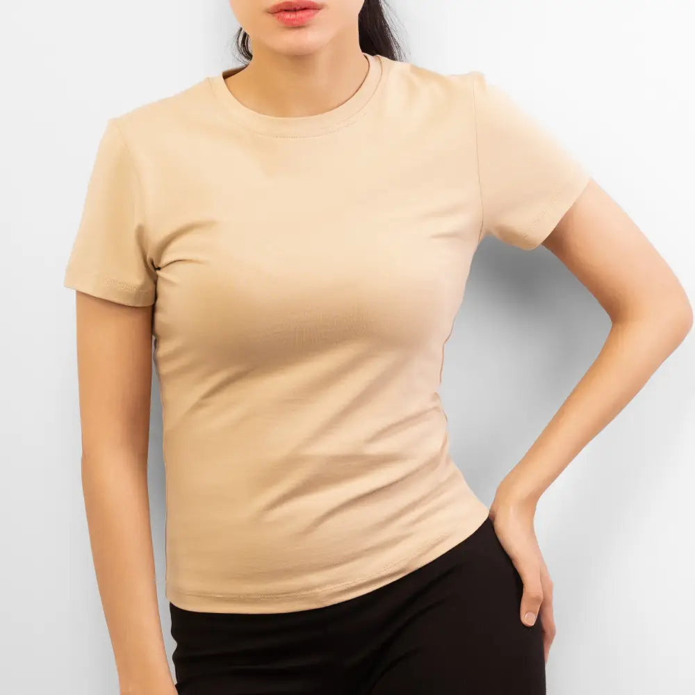 Basic Wear | Crew Neck Short Sleeve T-Shirt – Viscose (Cotton) – Beige