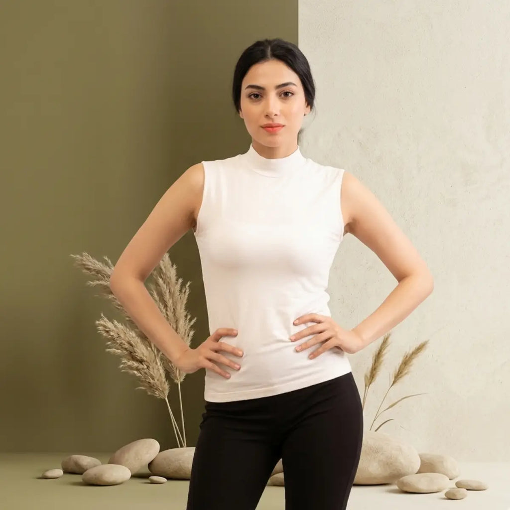 Basic Wear | Sleeveless Mock Neck Top – 100% Viscose – White