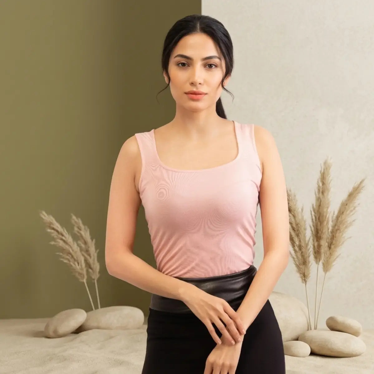 Basic Wear | Sleeveless Mock Neck Top – Viscose (Cotton) – Pink