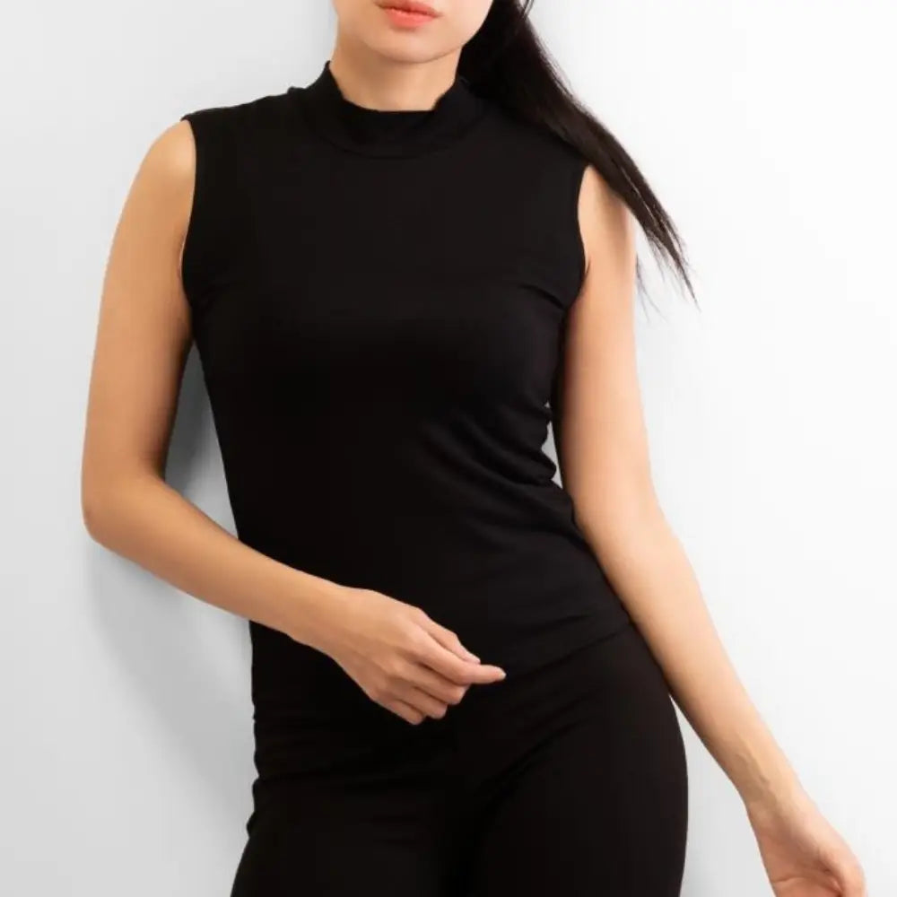 Basic Wear | Sleeveless Mock Neck Top – 100% Viscose – Black