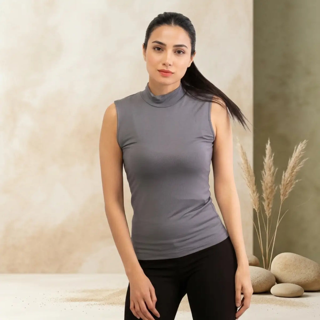 Basic Wear | Sleeveless Mock Neck Top – 100% Viscose – Iron Grey