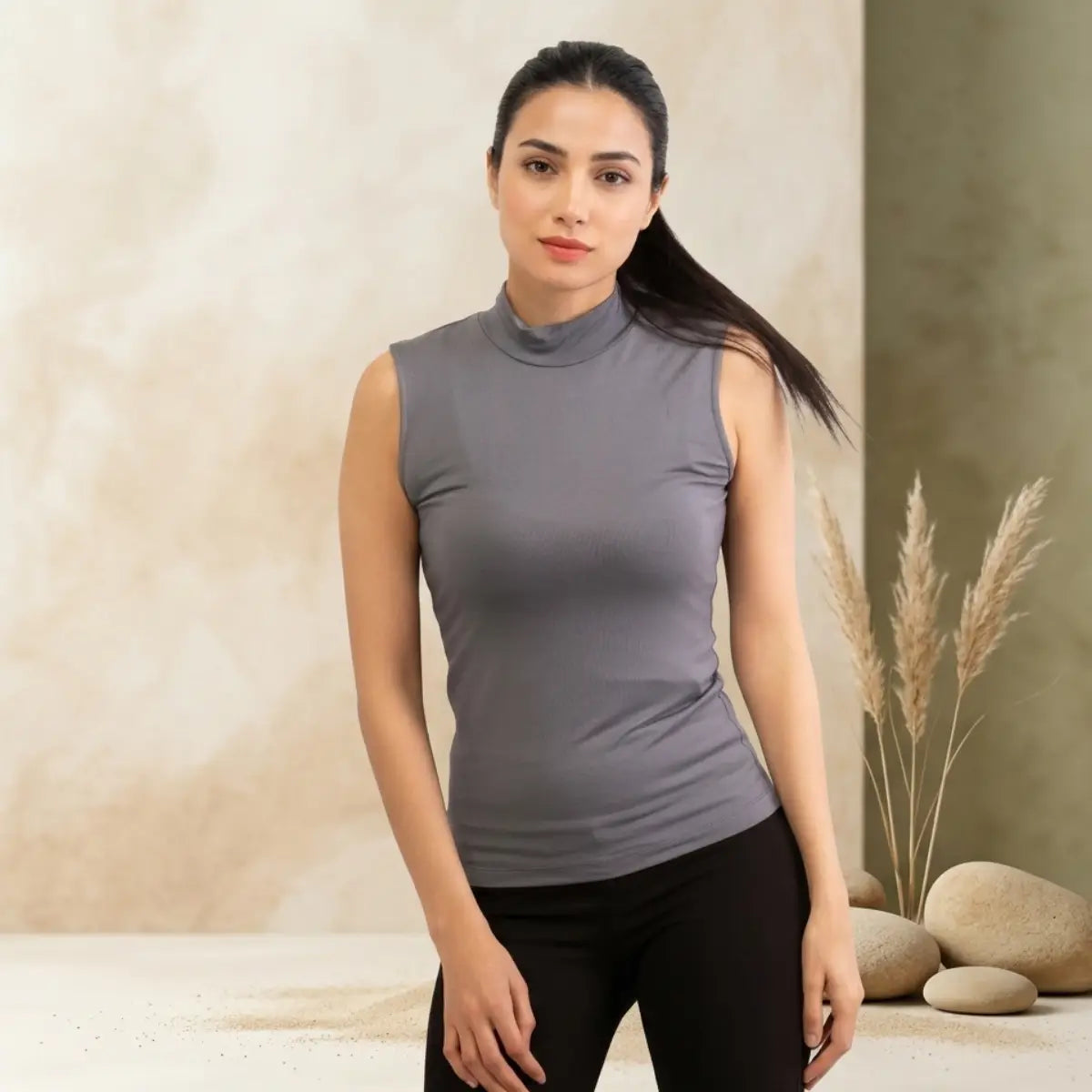 Basic Wear | Sleeveless Mock Neck Top – 100% Viscose – Iron Grey