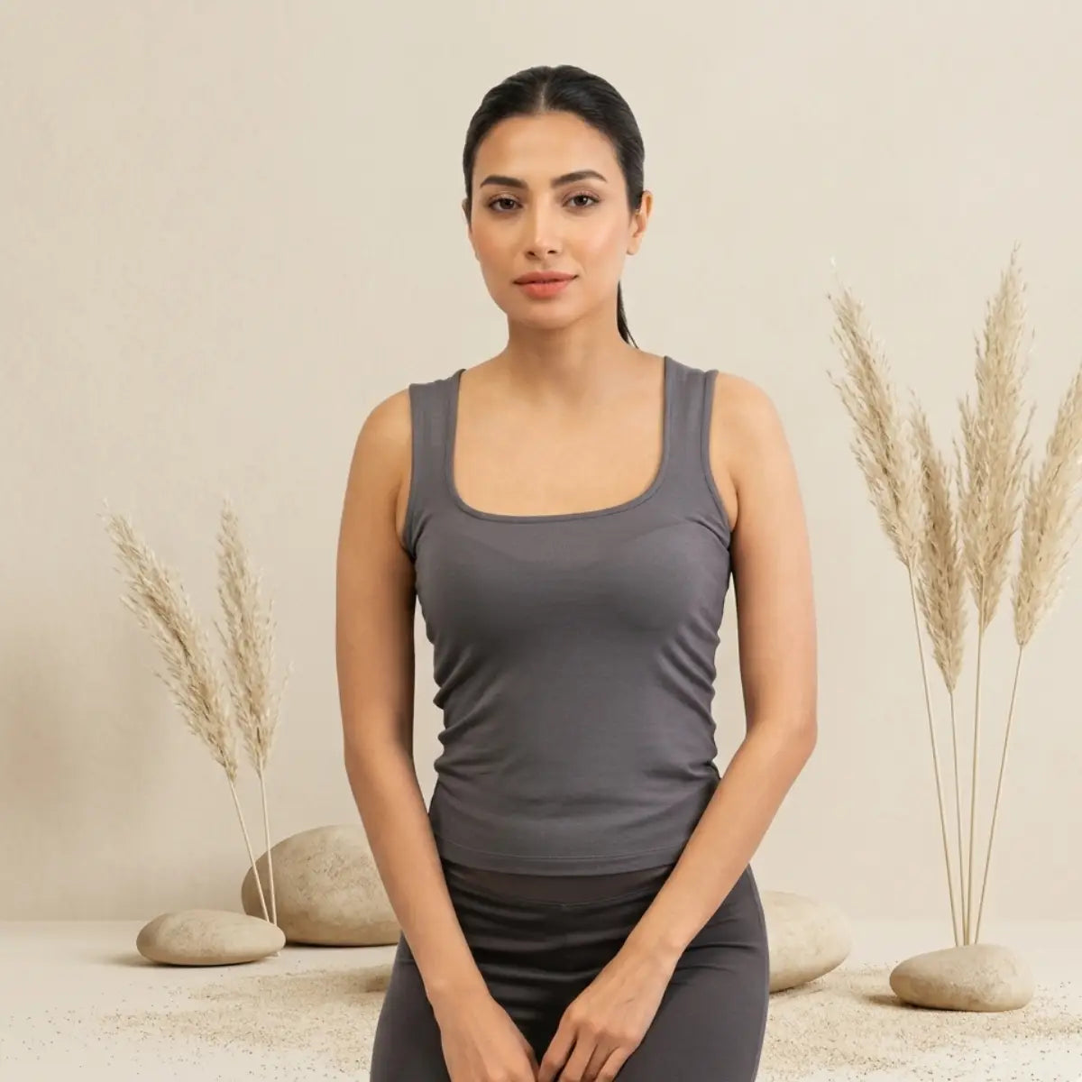 Basic Wear | Sleeveless Mock Neck Top – Viscose (Cotton) – Iron Grey