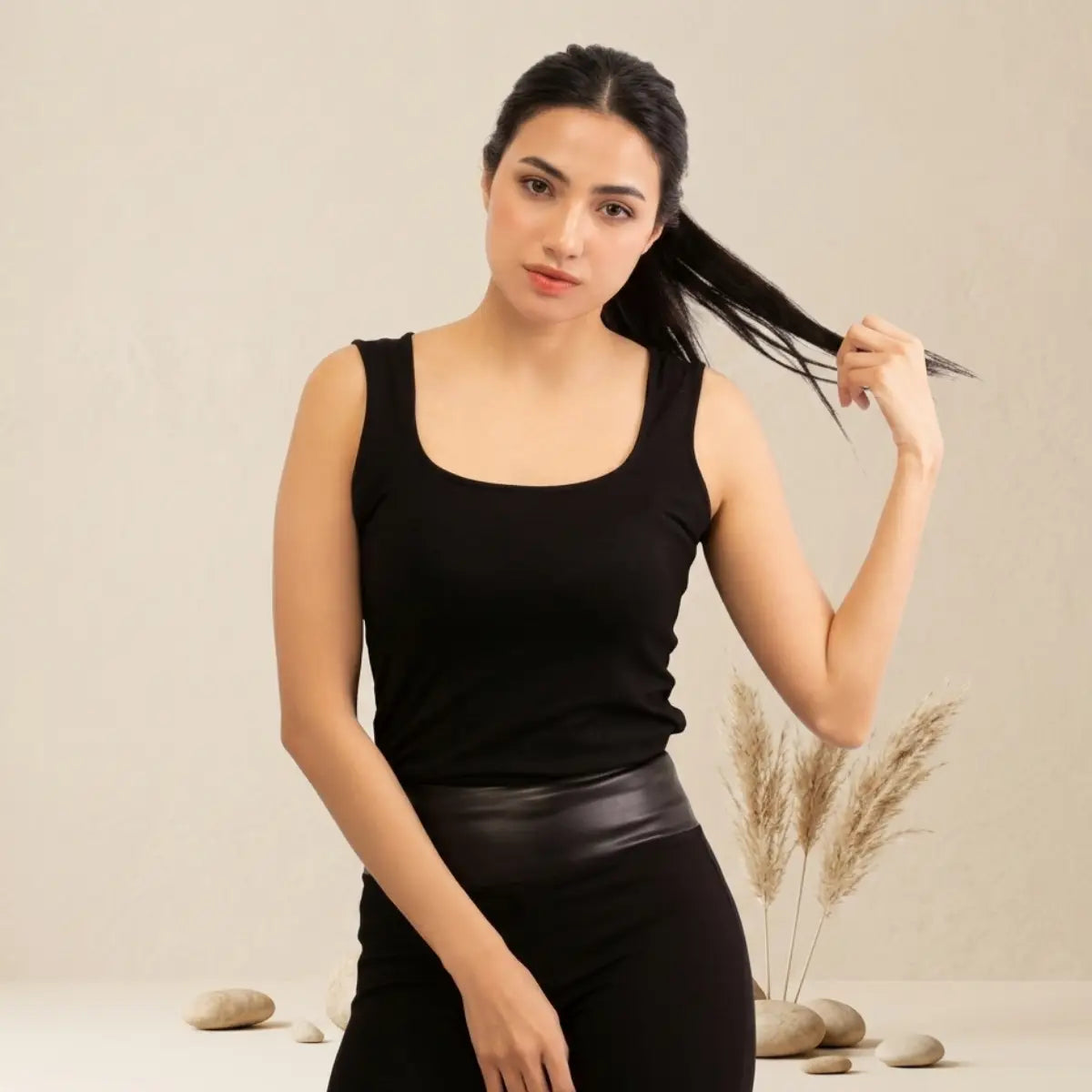 Basic Wear | Sleeveless Mock Neck Top – Viscose (Cotton) – Black