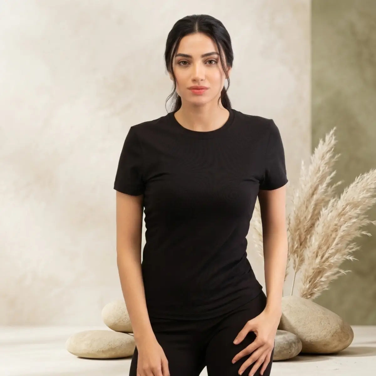 Basic Wear | Crew Neck Short Sleeve T-Shirt – Viscose (Cotton) – Black