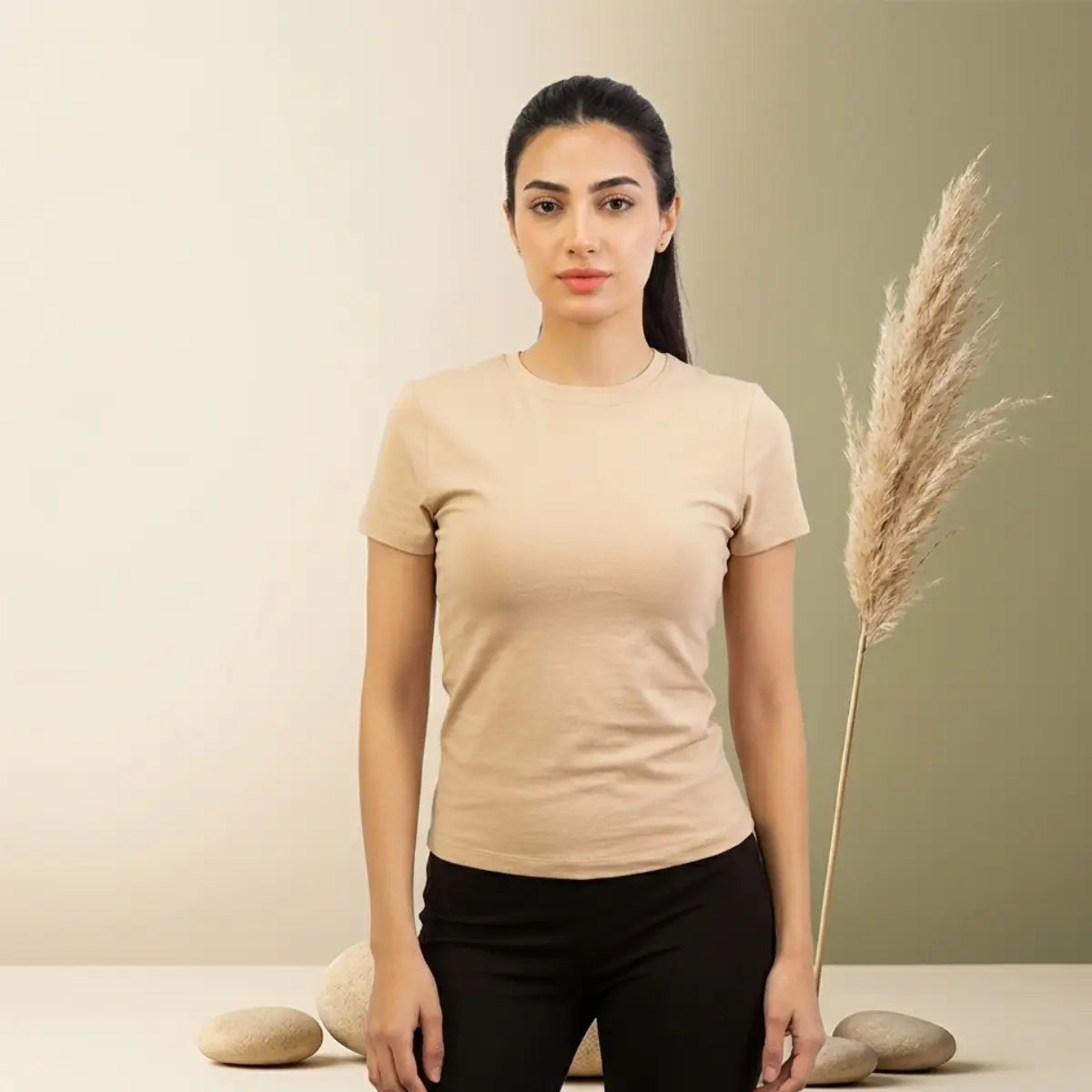 Basic Wear | Crew Neck Short Sleeve T-Shirt – Viscose (Cotton) – Beige