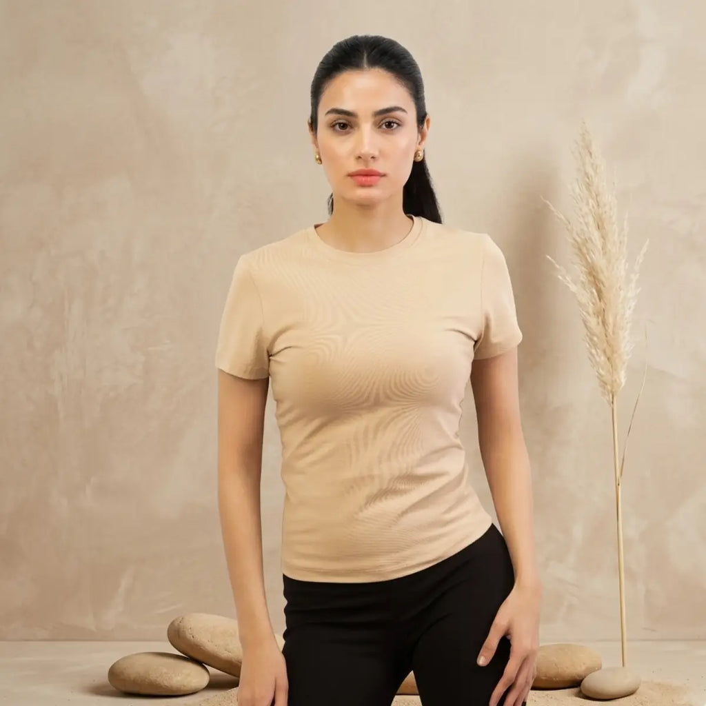 Basic Wear | Crew Neck Short Sleeve T-Shirt – Viscose (Cotton) – Beige