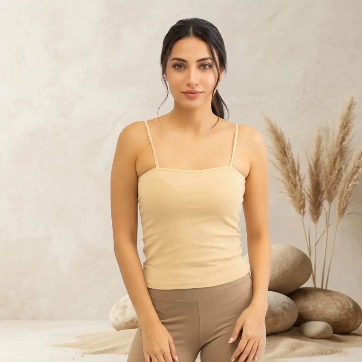 Basic Wear | Square Neck Tank Top – Viscose (Cotton) – Beige